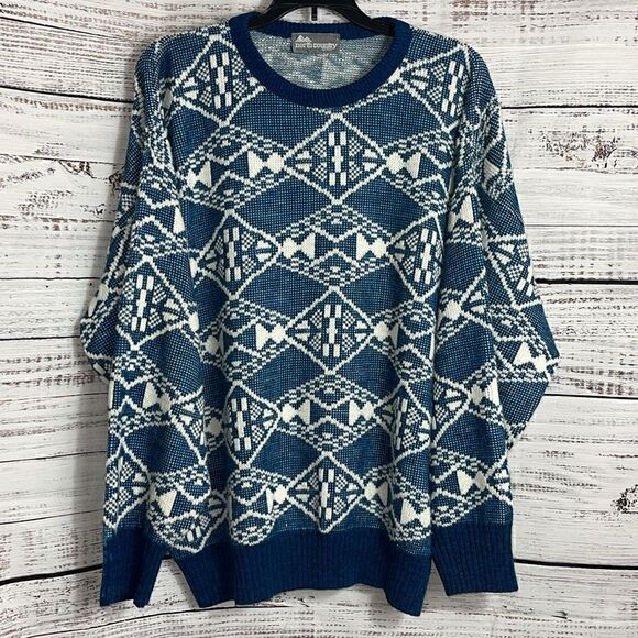 Vintage North country Eaton Sweater Mens XL knit geo print Wool Blend crew Neck - Picture 2 of 9